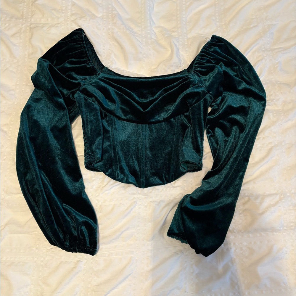 Altar'd State Velvet Off-Shoulder Crop Top - Dark Green